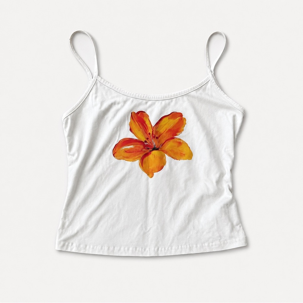 White Floral Spaghetti Strap Tank Top with Orange Flower